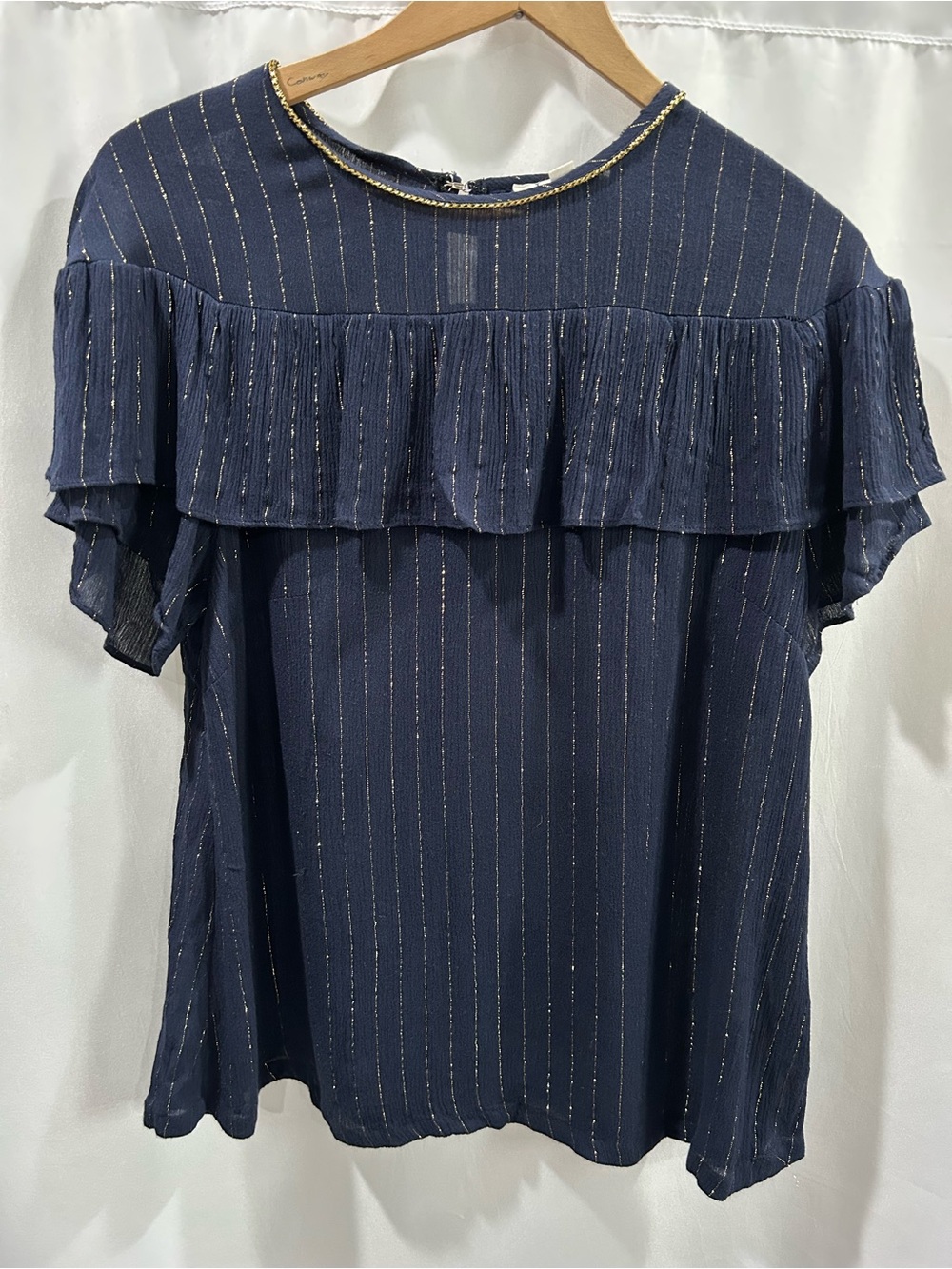 LN THML Navy with Gold Metallic Stripe Ruffle Yoke Blouse